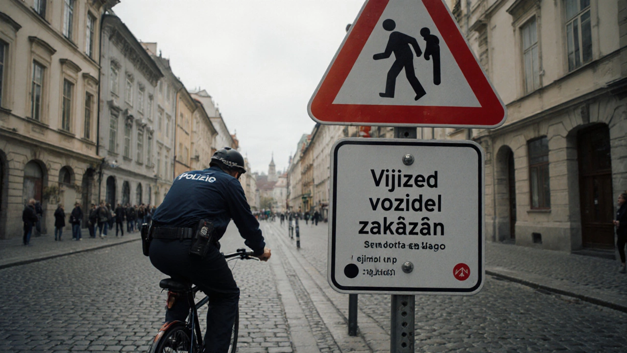 Cyklista je zastaven policistou u vjezdu do pěší zóny bez povolení.