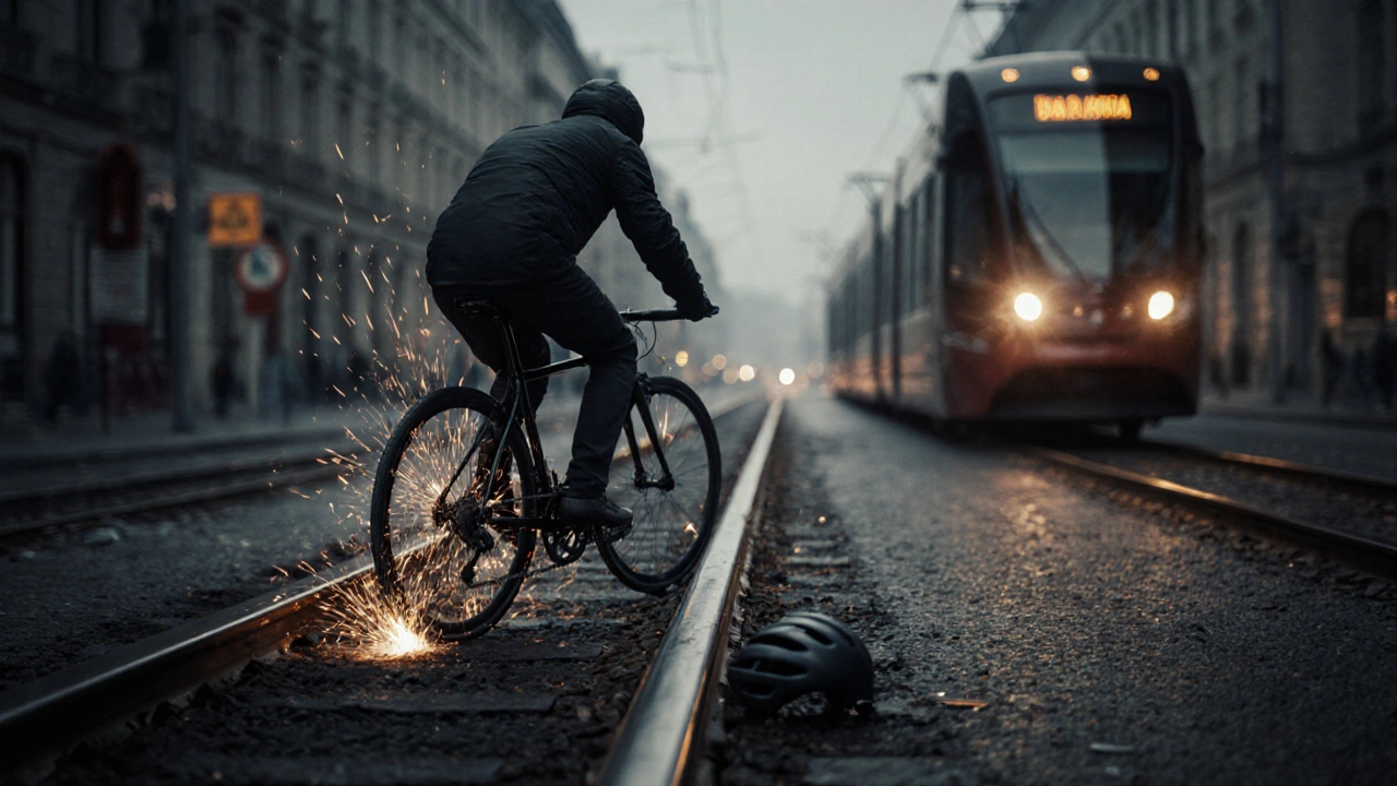 Cyklista se zasekl v tramvajových kolejích při příjezdu tramvaje.