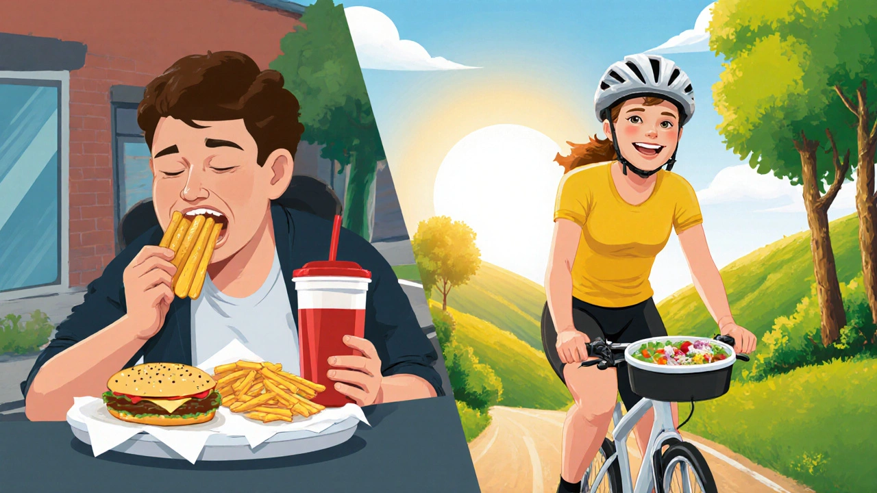 Dvě scény: jedna s nezdravým jídlem po jízdě, druhá se zdravou stravou a jízdou do kopce.