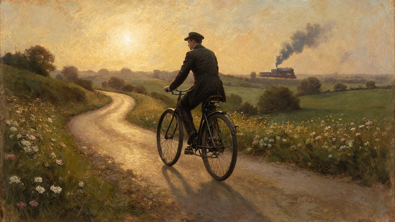 John Kemp Starleyho bezpečné kolo z roku 1885 na venkovské cestě.