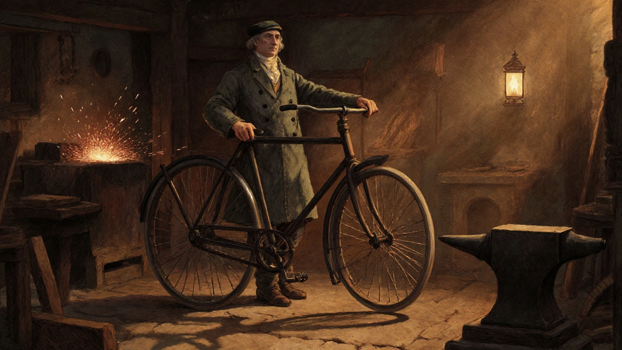 Kirkpatrick MacMillanova sestrojena s pedály a tyčovým pohonem v kovárně.