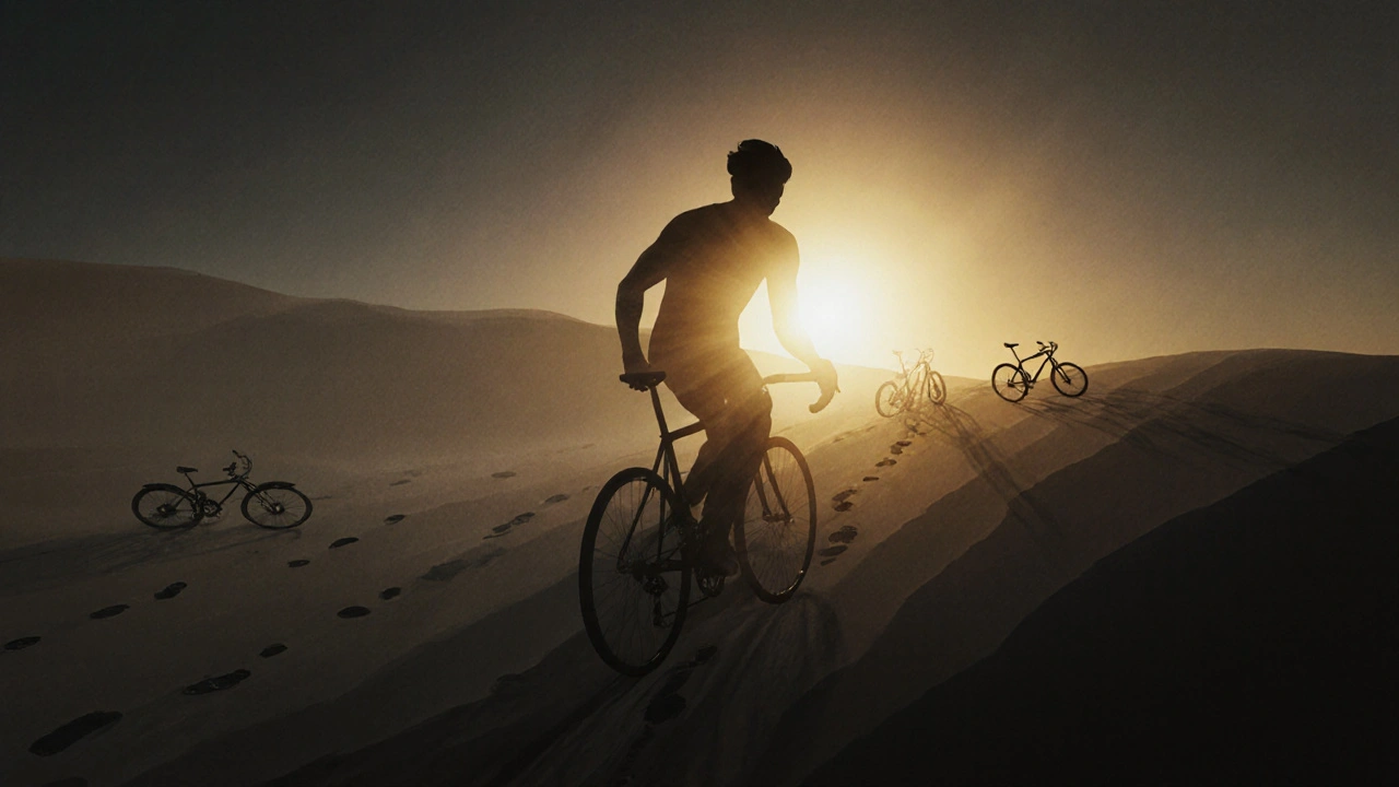 Průhledná silueta člověka přeměňující se z temné do zlaté barvy při jízdě k východu slunce.