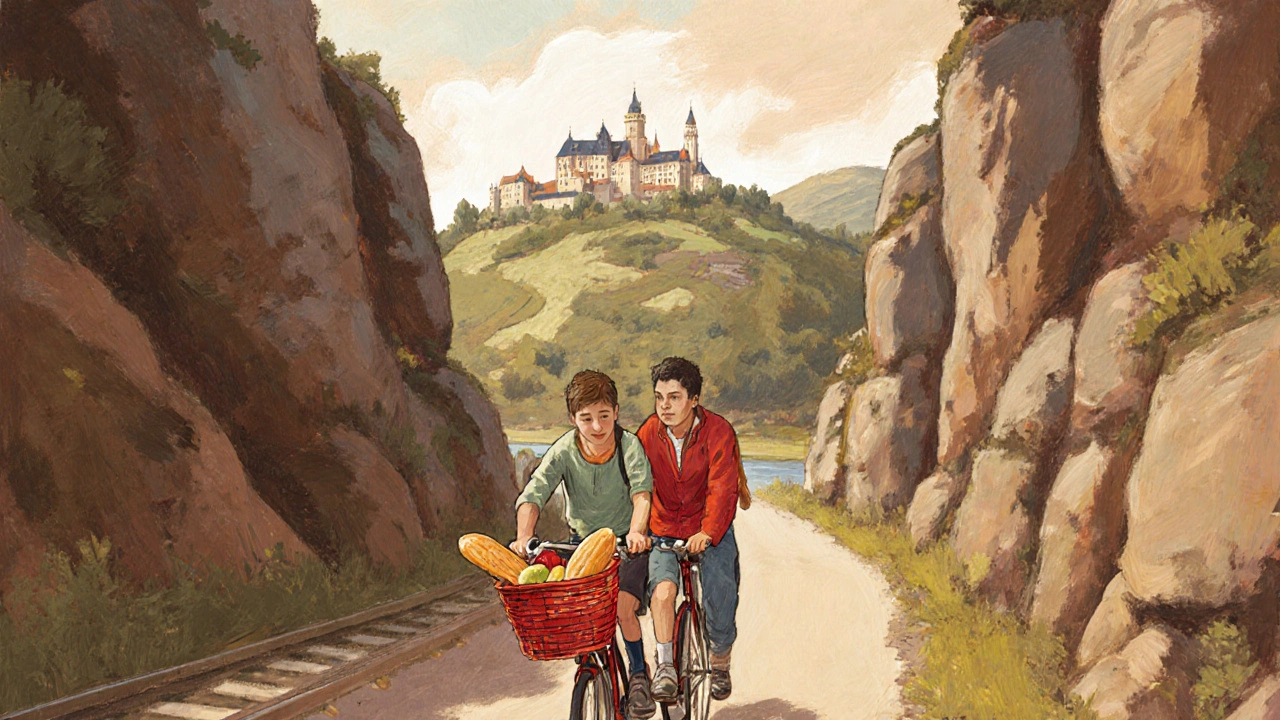 Rodina jede na kole po staré železnici v Českosaském Švýcarsku s skalními útvary.