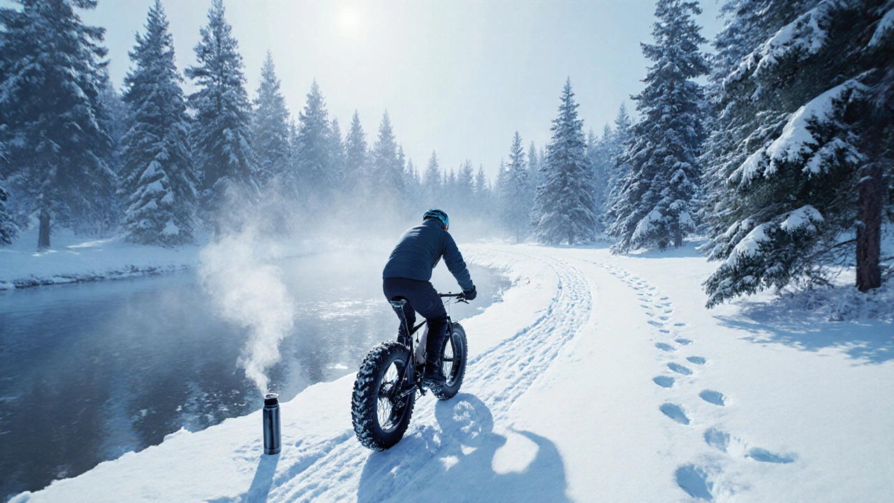 Zimní cyklista na širokých pneumatikách projíždí sněženou Šumavou v tiché krajině.